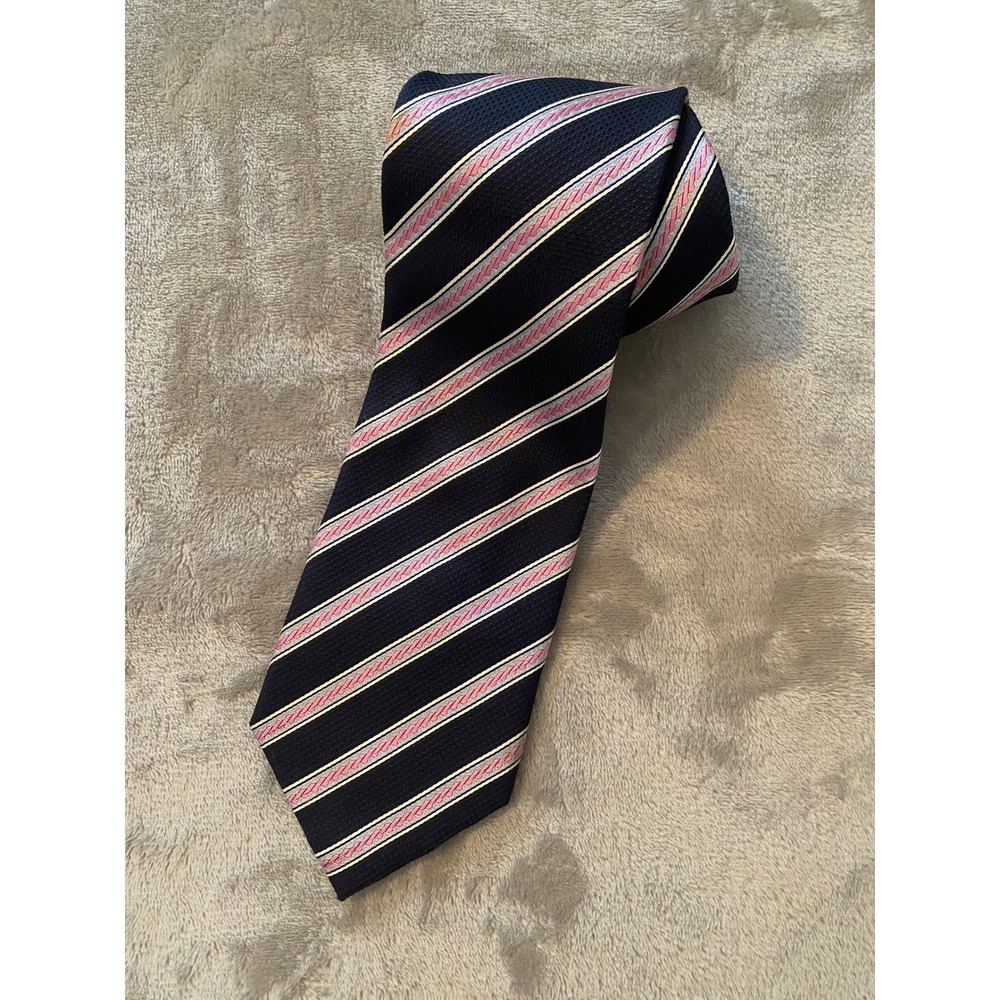 Henry Jacobson 100% Silk‎ Necktie Navy Pink White Jaquard Stripe Handmade